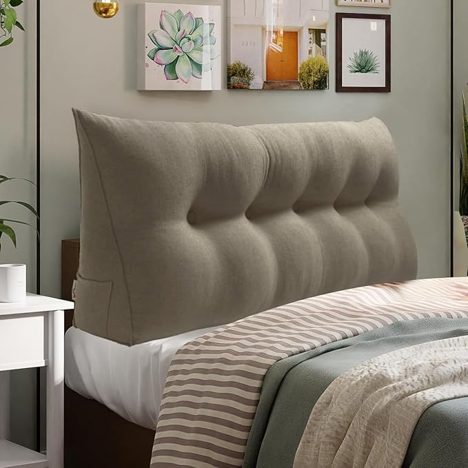 WOWMAX 80% Cotton & 20% Linen Blend Headboard Pillow – Queen Size Reading Wedge Backrest for Bed, Handmade Firm Support Bolster Cushion with Removable Cover, Premium Bed Rest Pillow, Light Gray