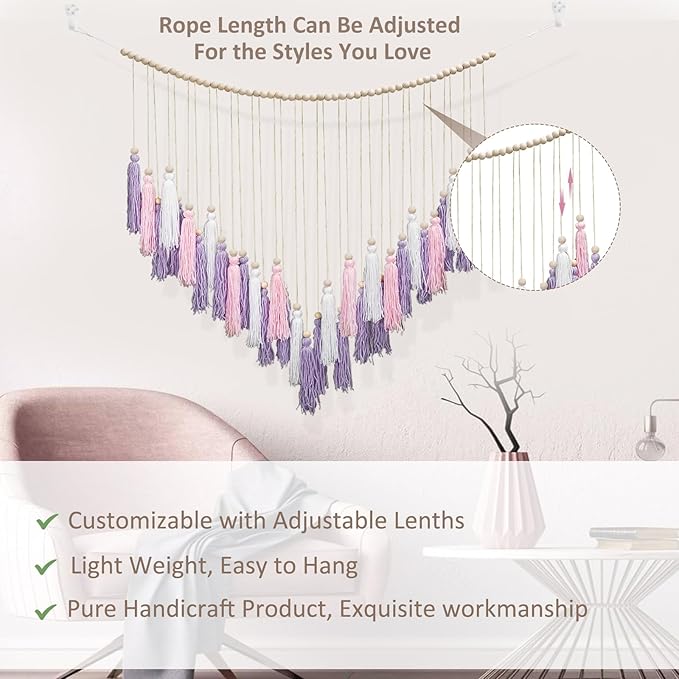 Luxbrand Pink & Purple Macrame Hanging Boho Wall décor, Large Tassel Wall Hanging with Wood Beads, Purple Wall Decor for Bedroom Living Room Girls Room Nursery, 41" W x 32" H