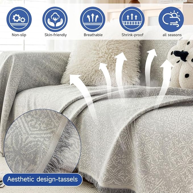 ROOMLIFE Gray Couch Cover Boho Sofa Covers for 3 Cushion Couch Washable, Furniture Protector Sofa Couch Cover for Dogs, Soft Breathable Sofa Slipcover, Couch Throw Blankets with Tassels 71''X134''