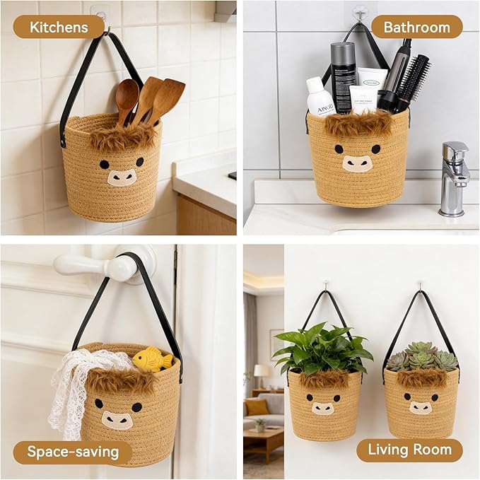 2 Pack Highland Cow Woven Hanging Basket with Leather Handle, Small Cute Brown Cotton Rope Wall Storage Basket for Plants Toys Remotes, Foldable Round Boho Decor (7.8x7inch)