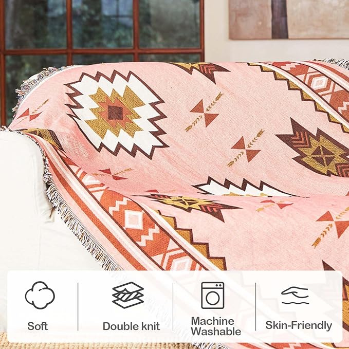 Snycler Boho Throw Blanket for Bed 50 * 60inch Woven Blanket Cotton Polyester Farmhouse Decor for Indoor Outdoor Sofa Bedroom Garden，All Season(Pink)