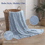 Simple&Opulence Cotton Throw Blanket for Bed, Couch, Boho Textured Geometric Knit Woven Blanket with Tassels Soft, Lightweight Breathable Shabby Chic Farmhouse Decoration for All-Season(Dusty Blue)