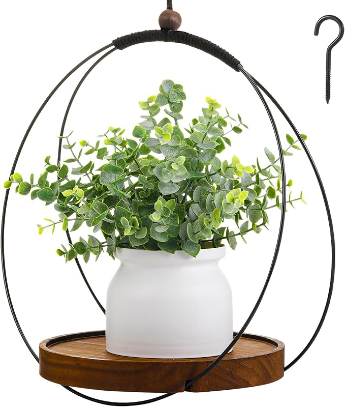 1 Pack Hanging Planters for Indoor Black Plant Hanger with Round Wood Base Large Indoor Hanging Plant Shelf Boho Holder Gift for Mom,housewarming (7.9 '',Round)