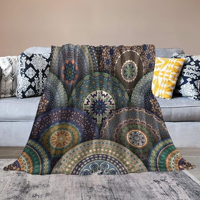 Indian Bohemian Throw Blanket Mandala Design Colorful Boho Floral Pattern Paisley Blanket for Sofa Bed Couch Chair Or Dorm 70"x80"