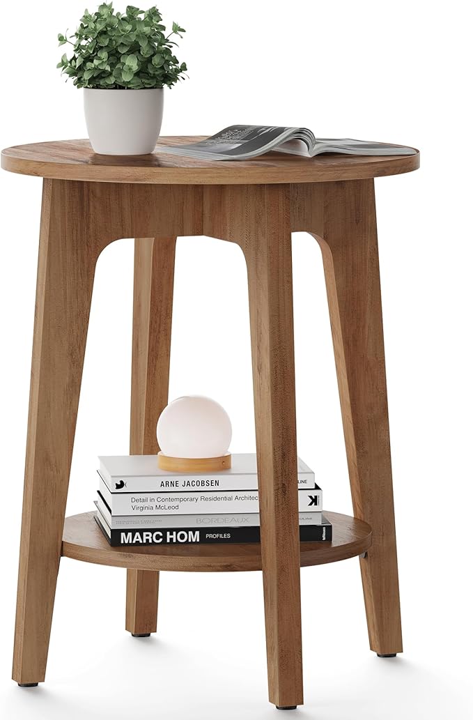 VASAGLE MAEZO Collection - Side Table, 2-Tier Small Round End Table, Nightstand with Tapered Legs, Curved Transitions, for Small Spaces, Living Room, Bedroom, Honey Brown ULET283T41