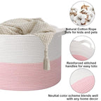 90L Large Blanket Basket,21.7"L x 21.7"W x 13.8"H Rope Woven Baskets with Handles, Toys Storage Bins,Laundry Basket Perfect for Living Room, Nursery,Bedroom,Home Organization,White&Pink