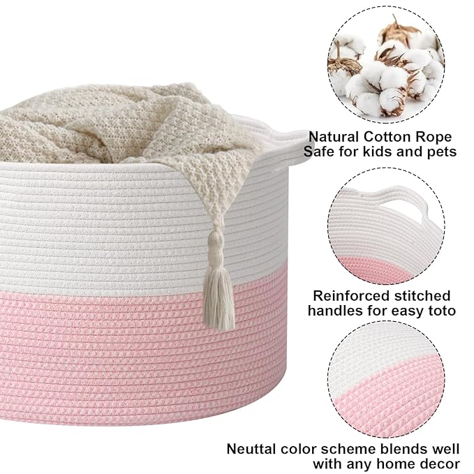 90L Large Blanket Basket,21.7"L x 21.7"W x 13.8"H Rope Woven Baskets with Handles, Toys Storage Bins,Laundry Basket Perfect for Living Room, Nursery,Bedroom,Home Organization,White&Pink