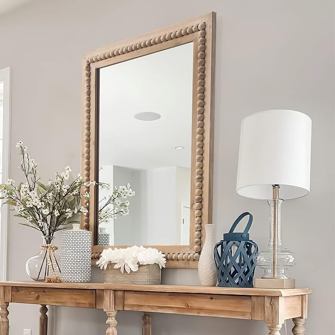 H HOMEWINS Rustic Rectangle Mirror,22x30 Wooden Farmhouse Mirrors,Boho Bathroom Wall-Mounted Nature Beads Decor Mirror for Bedroom, Living Room,Vanity,Entryway,Over Sink