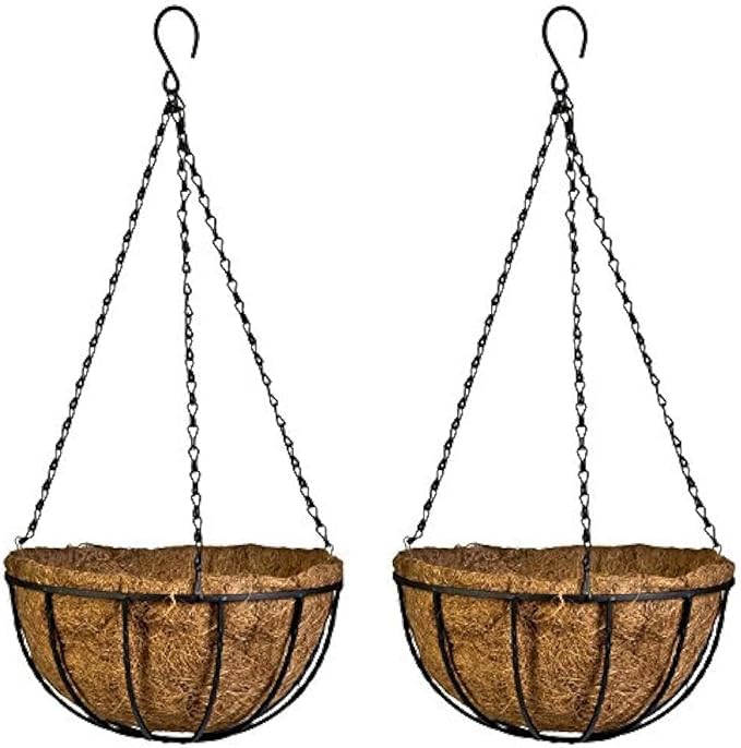 Kingbuy 12-Inch Metal Hanging Basket with Coconut Liner - Rust-Resistant Wire Planter Flower Pot Holder for Indoor Outdoor Plants, Garden Balcony Patio Decoration - 2 Pack