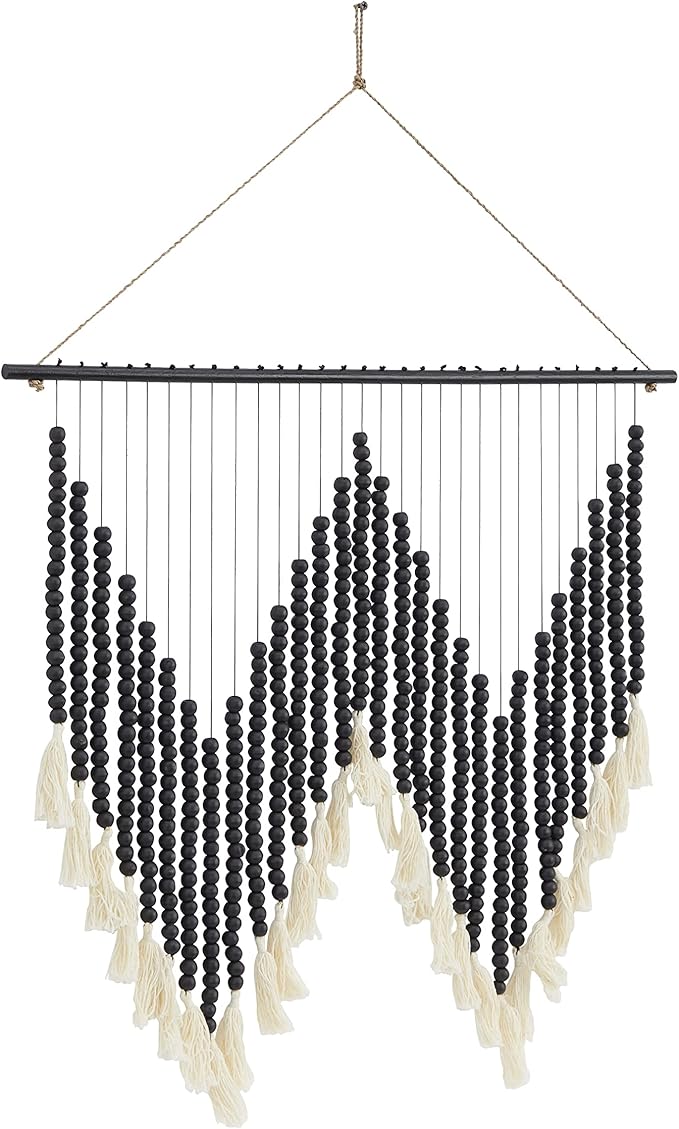 Deco 79 Wood Macrame Home Wall Decor Beaded Wall Sculpture with Fringe Tassels, Wall Art 26" x 1" x 35", Black
