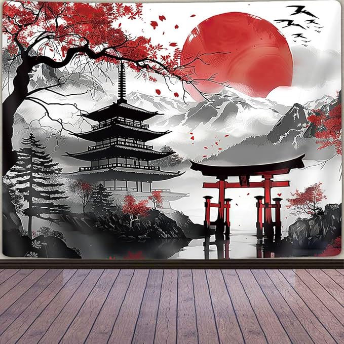 GOAOK Japanese Anime Tapestry, Cool Japan Cherry Blossom Floral Mountain Sun Asian Oriental Abstract Art Tapestry Wall Hanging for Men, Red and Black Small Tapestries Aesthetic for Living Room, 40x30