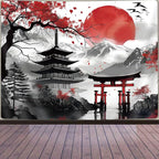 GOAOK Japanese Anime Tapestry, Cool Japan Cherry Blossom Floral Mountain Sun Asian Oriental Abstract Art Tapestry Wall Hanging for Men, Red and Black Large Tapestries Aesthetic for Living Room, 80x60