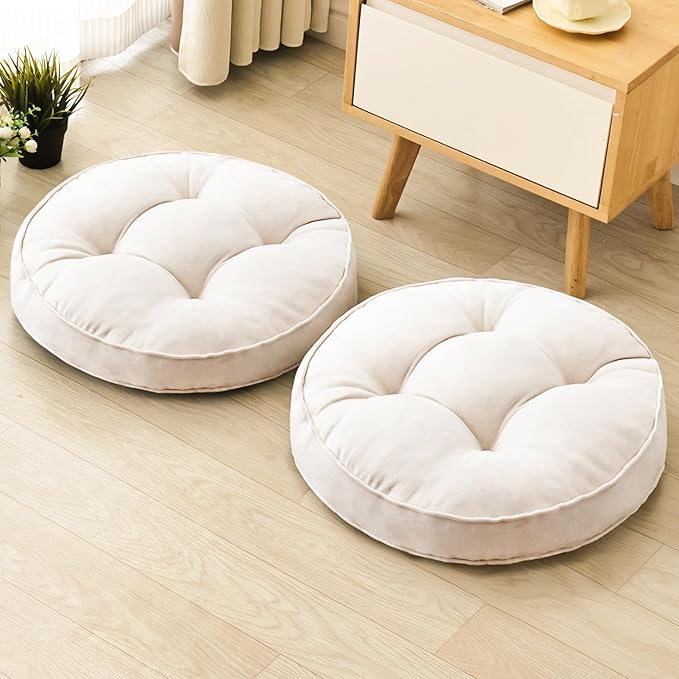 Floor Pillow Set of 2, Memory Foam Floor Cushions for Adults, Large Meditation Pillow for Sitting, 22 x 22 Inches (Round | Beige)