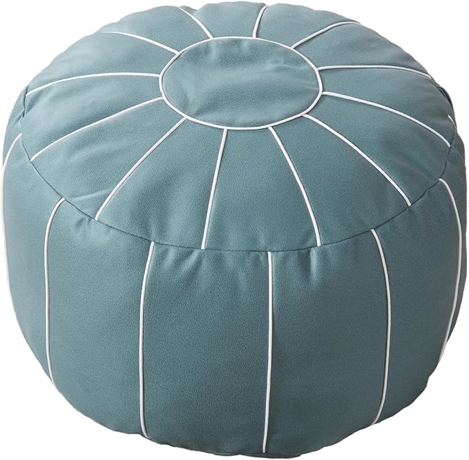 Louis Donné 21 Inch UNSTUFFED Moroccan Pouf Ottoman Cover, Handmade Faux Leather Foot Stool, Round Storage Poof Cover, Exotic Décor for Living Room Bedroom or Wedding Gifts ONLY Cover(Blue)