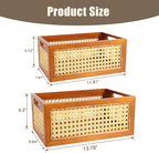 Rattan Storage Baskets Set, Wooden Frame with Woven Cane Design, Nesting Organizer Bins for Living room Bedroom Bathroom Kitchen Shelf, Set of 2