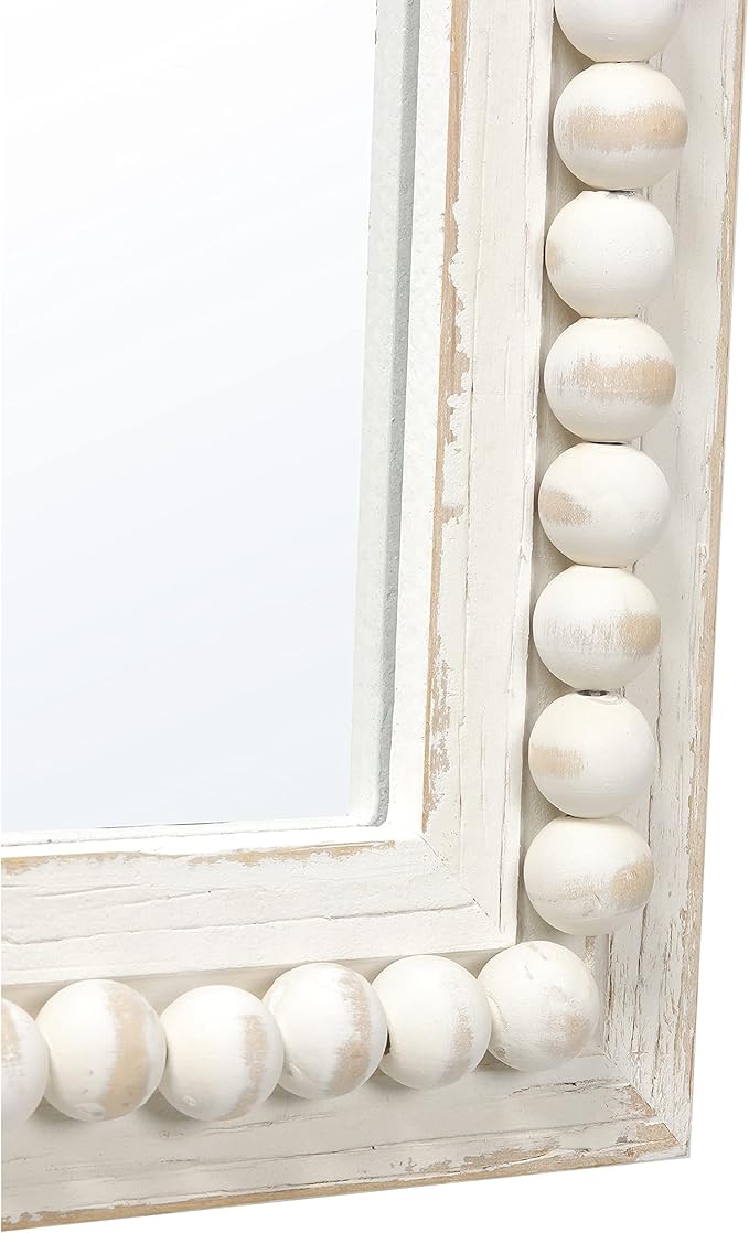 Farmhouse Mirrors for Wall Decor with Beaded Border 24 Inches, Hanging Distressed White Bathroom Mirrors for Vanity, Rustic Wood Framed Rectangular Wall Mirrors Decorative