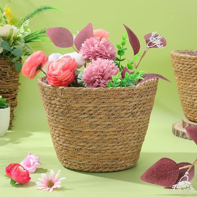 Healifty Woven Plant Baskets with Liner: 2Pcs Round Wicker Seagrass Planter Pots Rattan Straw Baskets Covers for Indoor Outdoor Flower Plants Rustic Home Farmhouse Garden Decor 9.05 X 9.05 X 6.49''