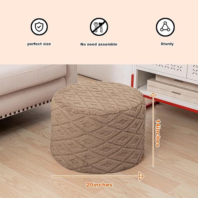 Fluffy Round Ottoman Pouf with All-in-One Foam Filling 20" x 14" Furry Ottoman Foot Rest Foot Stool for Living Room or Bedroom (Light Coffee)