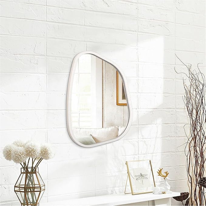 Irregular Wooden Framed Wall Mirror Modern Asymmetrical Unique Hanging Mirror Artistic Boho Mirror Decor Bathroom Vanity Bedroom Living Room Entryway Hallway 14'' x 10''