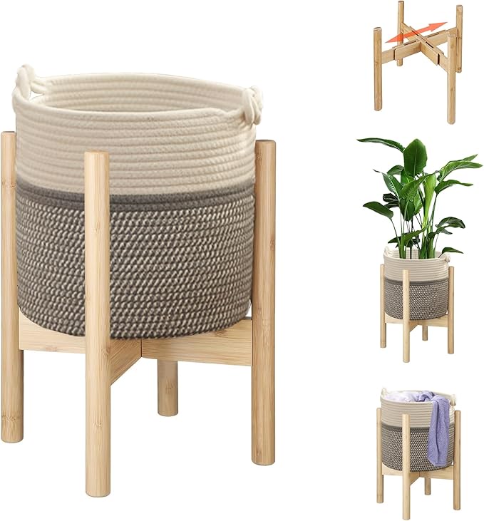 Flower Pot Rattan Plant Stand Planter with Stand, Tall Indoor Boho Woven Wicker Storage Basket with Adjustable Wood Shelf (White & Grey)