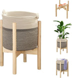 Flower Pot Rattan Plant Stand Planter with Stand, Tall Indoor Boho Woven Wicker Storage Basket with Adjustable Wood Shelf (White & Grey)