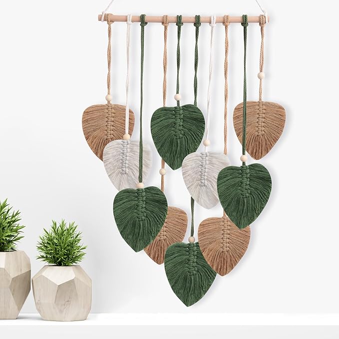 Easemykit Wall Hanging Decor Leaves Tapestry, Boho Macrame Wall Decor Tapestry Woven Feather Handmade Yarn Tassels Leaf Macrame Wall Art Decorations for Living, Bedroom, Office,Nursery,Apartment Room,16x26 Inch(Brown Green)
