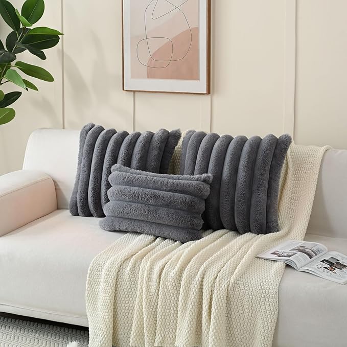 FUTEI Grey Decorative Throw Pillow Covers 26x26 Inch Set of 2, Square Soft Faux Rabbit Fur Thick Striped Euro Pillow Shams,Spring Home Decor for Couch Bed Living Room
