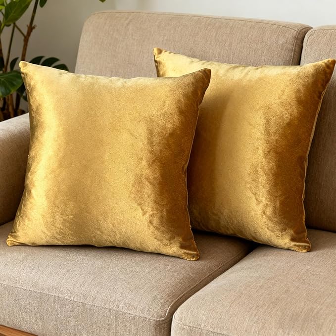 2 Pack 18x18 Pillow Cover Velvet Pillow Covers, Square Throw Pillow Covers for Living Room Decorations Throw Pillow Case, Throw Pillow Cover Cushion Cover for Home Sofa Bedroom Car, Golden