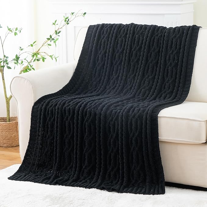 Battilo Black Throw Blanket for Couch, Cable Knit Blanket for Bed,Chair, Home Decor, Soft Cozy Woven Chenille Throw Blanket, Decorative Boho Throw Blanket, 51"x67"