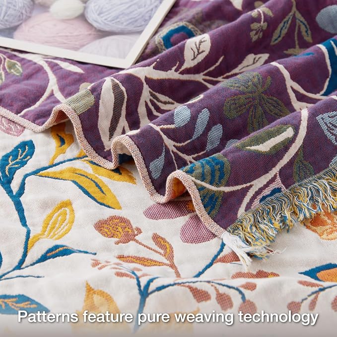 100% Cotton Boho Throw Blanket for Home Decor – Classic Farmhouse Quilt Bedding, Muslin Blankets for Adults, Vintage Woven Decorative Blanket for Couch, Bed Layering Use, Botanic Floral, 90"x90"