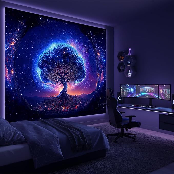 Avinyl Blacklight Tree and Space Tapestry for Bedroom, Aesthetic Cool Black Light Tree of Life Tapestries for Girl, Fantasy Stars Galaxy Wall Hanging for Living Room Teen Dorm Christmas Festival Decor (60" x 79")