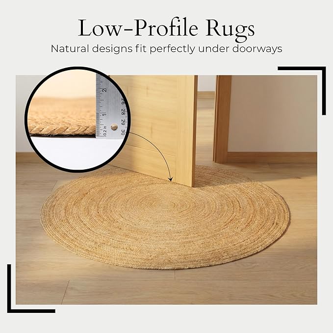 Jute Area Rug 5' Round Natural Jute Rug with Non-Slip Backing, Low-Profile Farmhouse Rug for Living Room, Bedroom or Entry, Eco-Friendly Boho Decor, Non-Shed for High-Traffic Door Mat