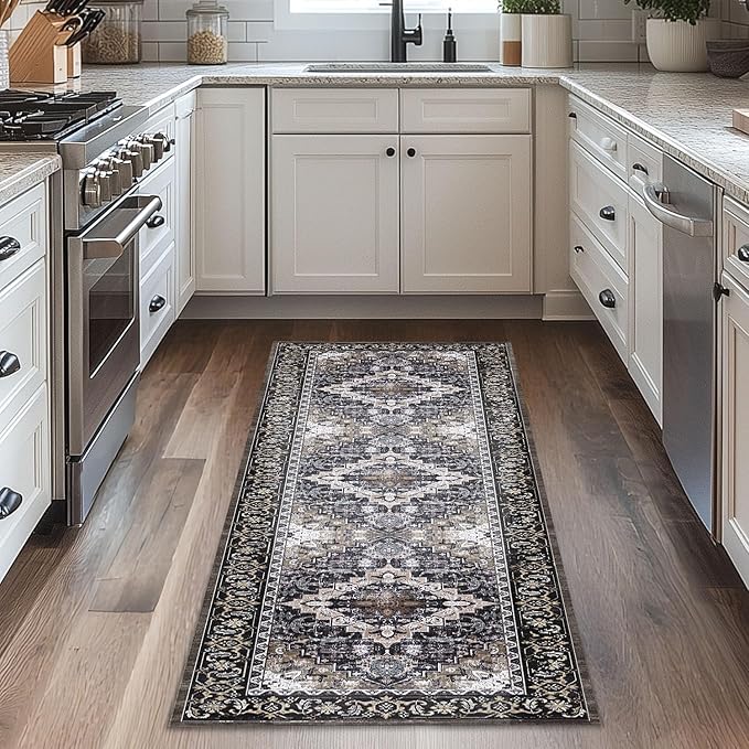 Lessymo 2 x 6 Runner Rug,Machine Washable Area Rugs Boho Faux Wool Low Pile Area Rug for Bedroom, Floral Medallion Vintage Rugs with Non-Slip Rubber,Black Brown