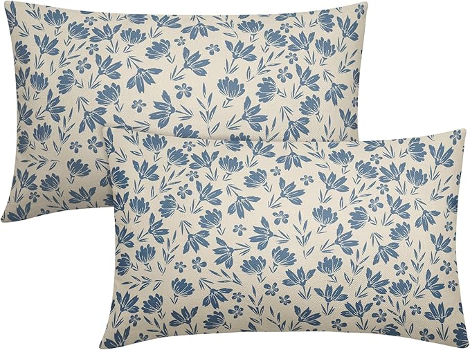 Light Blue Floral Pillow Covers 12x20 Set of 2 Vintage Rustic Old Style Cute Small Flower Blue Cream Print Decorative Outdoor Pillowcases Farmhouse Throw Cushion Case Decor for Couch Sofa Bed