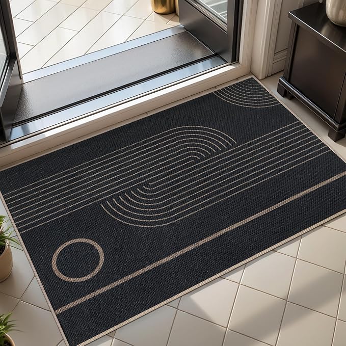 Tangsoo 2x3 Easy Jute Rug for Entryway,Washable Ultra Thin Small Area Rug Non-Slip Black Outdoor Mat, Modern Geometric Line Front Door Carpet for Kitchen Bedroom Porch Doorway Entrance