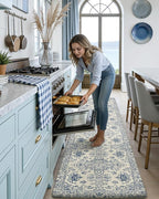 DEXI Kitchen Mats Cushioned Anti Fatigue, 23x86 Floor Padded Runner Rug Non Slip, Waterproof Standing Comfort Memory Foam for Front Sink Laundry, Blue White