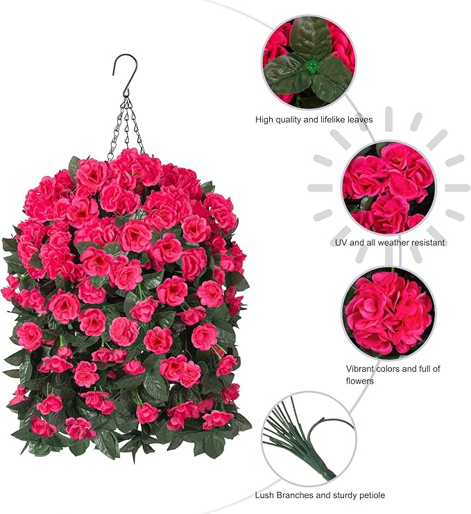 Artificial Geraniums Faux Hanging Plants Flowers Basket for Outdoors, Fake Silk Geraniums Vines in Planter UV Resistant Look Real Spring Summer Outdoor Decorations for Outside Yard Patio, Hotpink