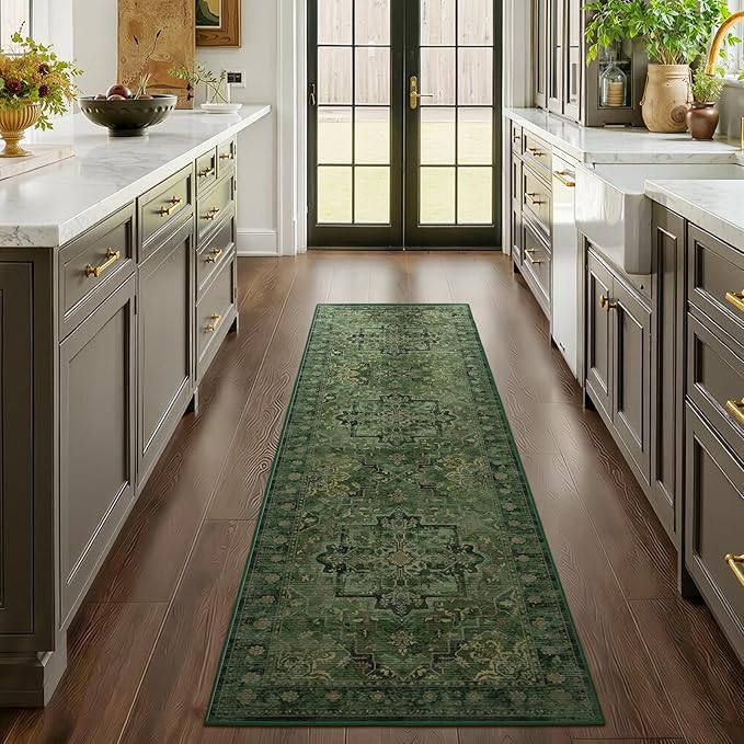 Dark Green 2'6''x8' Kitchen Runner Rug, Retro Distressed Moody Medallion Runners for Hallways Non Slip Washable, Low Pile Thin Entryway Runner Rug Indoor Foyer Mudroom Bedroom