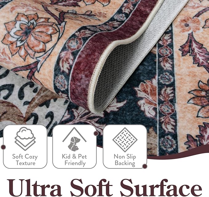 Moynesa Leopard Washable Area Rugs 8x10, Large Boho Rugs for Living Room, Vintage Non Slip Dining Room Rugs for Under Table, Ultra Thin Soft Floor Carpet for Office Bedroom, Puce Red