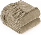 Chenille Throw Blanket for Couch with Tassels,60"X80" Soft Cozy Lightweight Knitted Boho Decorative Blankets for Bed and Sofa,Taupe