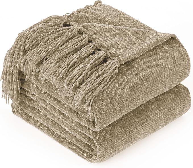 Chenille Throw Blanket for Couch with Tassels,50"X60" Soft Cozy Lightweight Knitted Boho Decorative Blankets for Bed and Sofa,Taupe