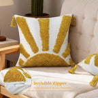 Boho Throw Pillow Covers 18x18 Inch Set of 1, Yellow Sun Tufted Square Pillow Covers with Tassels, Bohemian Farmhouse Decorative Cushion Cover for Couch Sofa Bedroom Living Room Home Decor