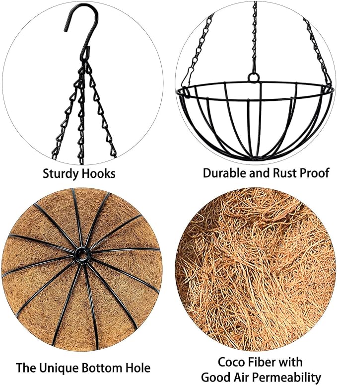 Kingbuy 12-Inch Metal Hanging Basket with Coconut Liner - Rust-Resistant Wire Planter Flower Pot Holder for Indoor Outdoor Plants, Garden Balcony Patio Decoration - 2 Pack