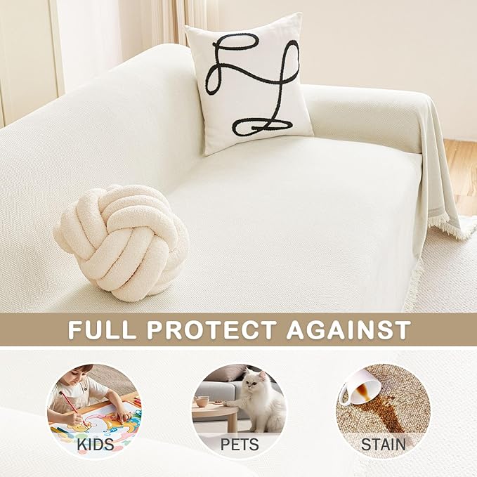 hyha Couch Cover for Dogs, Boho Sofa Covers for 3 Cushion Couch Washable, Chenille Sofa Slipcover for Pets, Soft Loveseat Sectional Couch Throw Blankets with Tassels (Beige, 88.5x150 Inch)