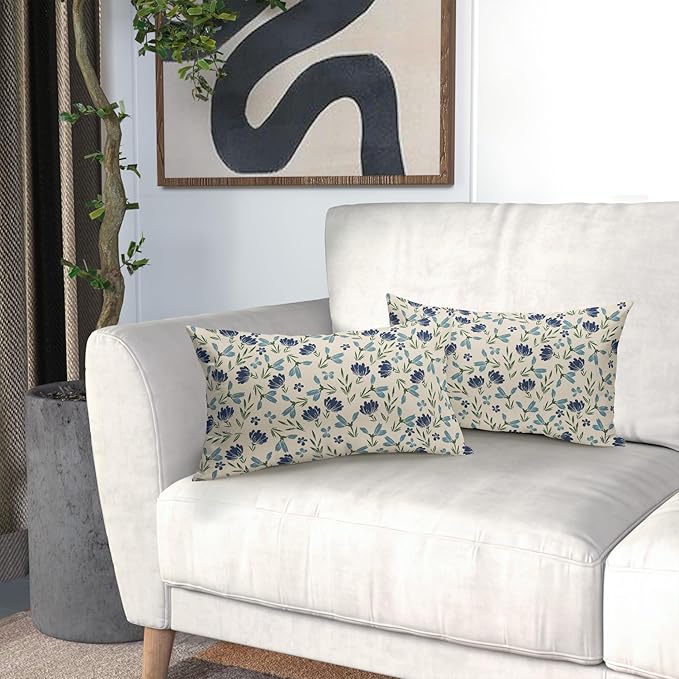 Green Teal Navy Blue Floral Pillow Covers 12x20 Set of 2 Vintage Rustic Old Style Cute Small Flower Print Rectangle Decorative Outdoor Pillowcases Throw Cushion Case Decor for Couch Sofa Bed