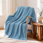 WRENSONGE Striped Throw Blanket, Blue Soft Cozy Fluffy Warm Hand Made Throw Blankets for Couch, Sofa, Chair, Bed, Camping, Picnic, Travel Lightweight Bed Blanket - 50"*60"