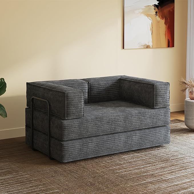 WLIVE 60'' Futon Sofa Bed, Convertible Sleeper Sofa, Folding Pull Out Couch Boneless Mattress with Fixed Frame, Corduroy, with Storage Pocket, Grey