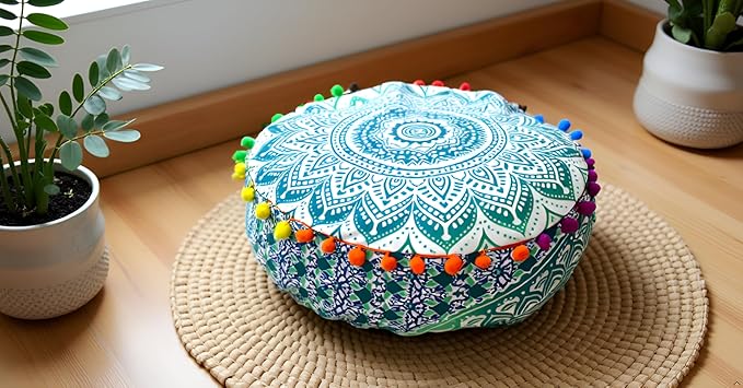 INDIAN CRAFT CASTLE ICC Mandala Barmeri Large Floor Pillow Cover Cushion Meditation Seating Ottoman Throw Cover Hippie Decorative Zipped Bohemian Pouf Ottoman Cases Green Ombre 24" Round