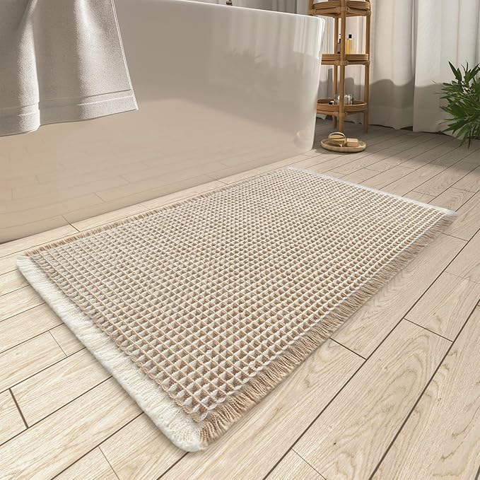 AMOAMI Upgraded Waffle Bath Mat, Super Absorbent Non Slip Bath Mats for Bathroom Floor, Machine Washable Bathroom Rugs with Tassels, Rubber Backed Bathroom Mats, Ultra Soft, 24" x 36",Brown & Cream