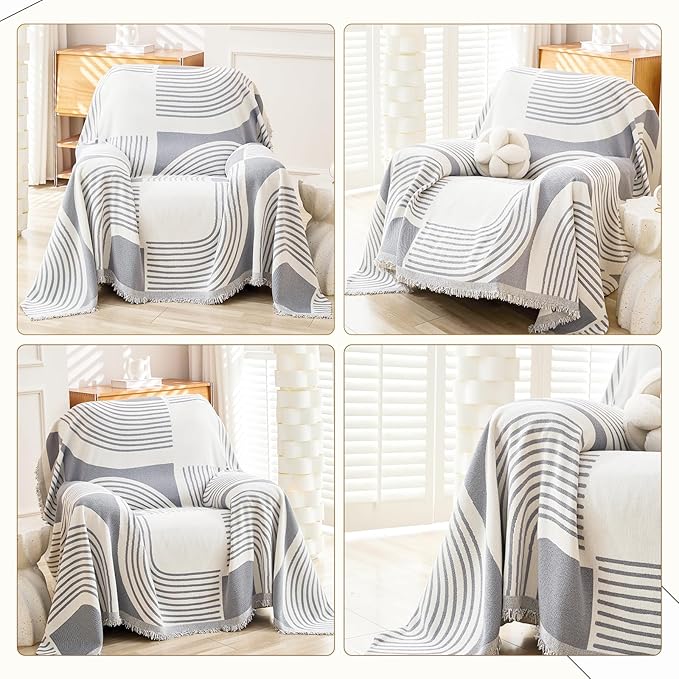 Boho Chenille Couch Cover with Tassels, Bohemian Sofa Cover for 1 Cushion Couch, Armchair, Chair, 1 Seater (71" x 91", Grey)